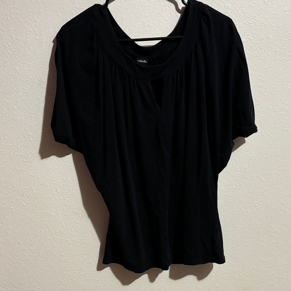 Rafaella Black Short-Sleeve Gathered Yoke Top